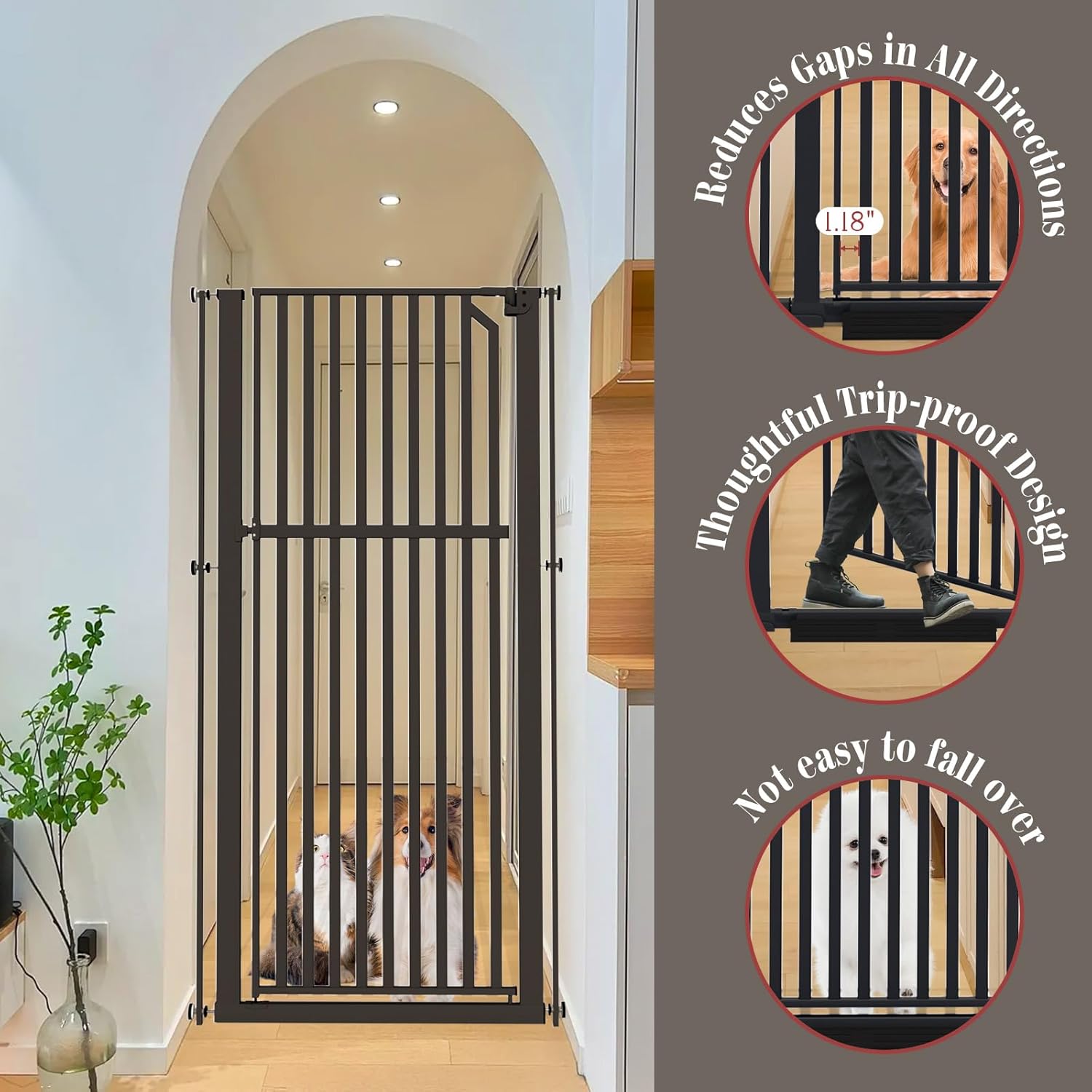Glaf Extra Tall Pet Gate 63" Pressure Mounted Cat Door Safety Metal Cat Gate Adjustable Width Dog Door Auto-Close Dog Gates for Doorways, Stairs, Kitchen, Hallway (Black, 29.92-33.46")