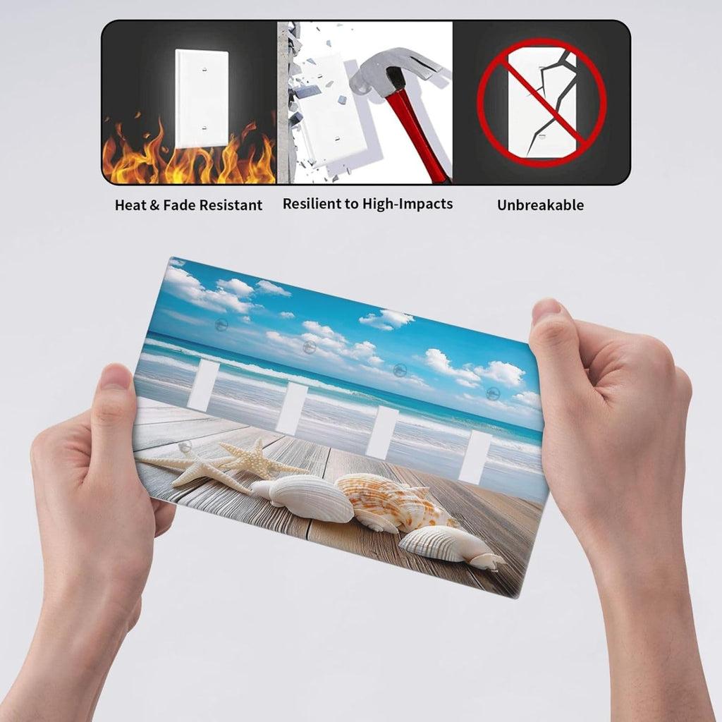 Light Switch Covers Beach Waves Brown Wood Starfish Shells Quad Toggle Electrical Faceplate 4 Gang Wall Plate Decorative Switch Plates For Bathroom Living Room Decor