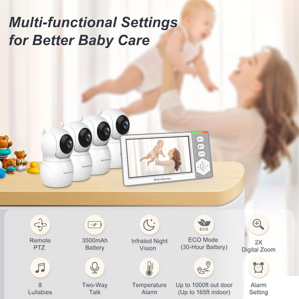 Baby Monitor with 4 Cameras Standby for 23-Hour Battery, Remote Control 4.3'' IPS Video Baby Monitor No WiFi Up to 1000ft Range, ECO, Night Vision, Temperature, 2-Way Talk, 8 Lullabies