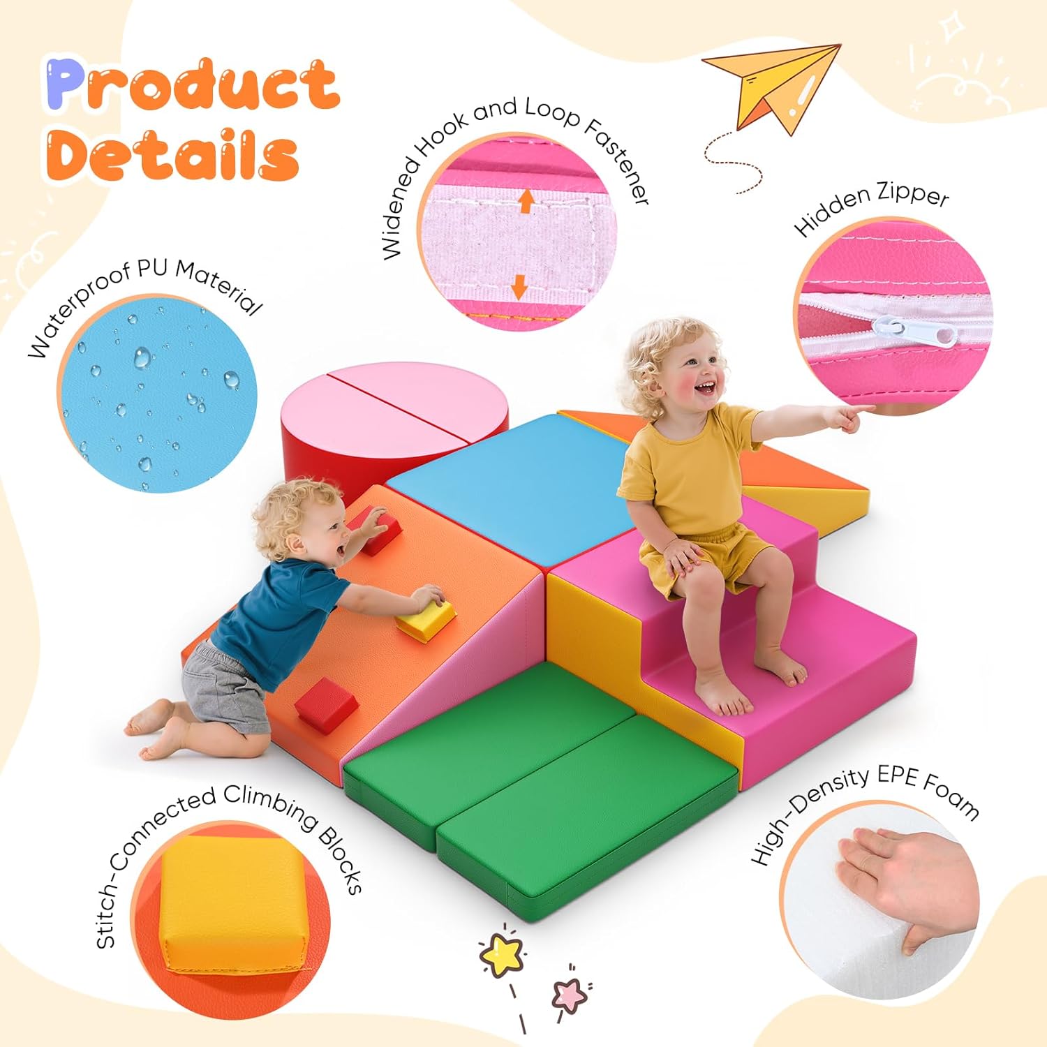 Lischwert Foam Climbing Blocks for Toddlers 1-3, 7pcs Soft Play Set with Crawling Exploration Toys, Indoor Outdoor Infant Safe Blocks for Baby Gym Toddler Playground