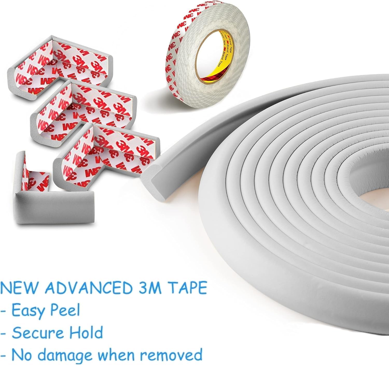 Sharp Edge & 16.2ft Furniture Safety Guards | Protective Foam Cushion | 15ft Bumper 4 Adhesive Childsafe Corners | Baby Child Proofing Foam Set and Safe for Table, Fireplace, Countertop | Gray