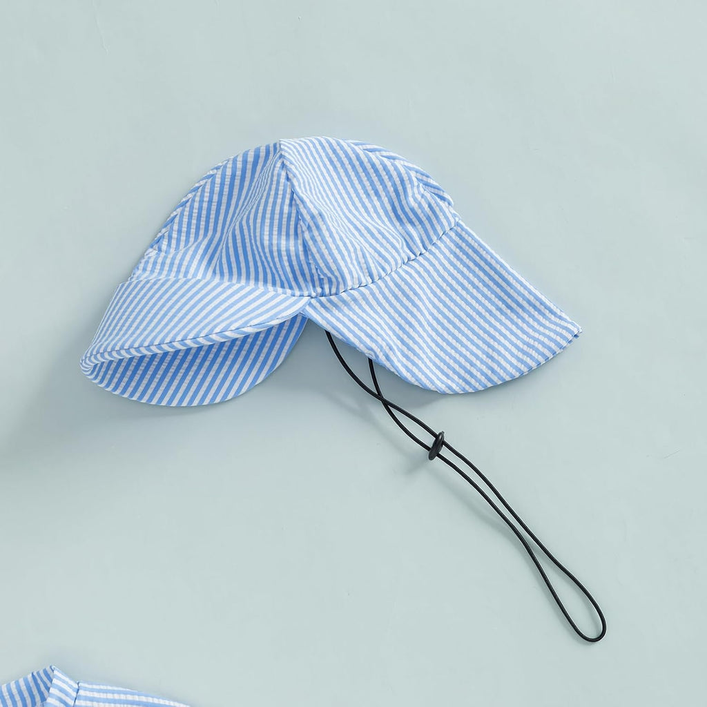 Toddler Baby Boys Seersucker Short Sleeve One Piece Rash Guard Swimsuit Zipper Bathing Suit Swimwear with Hat