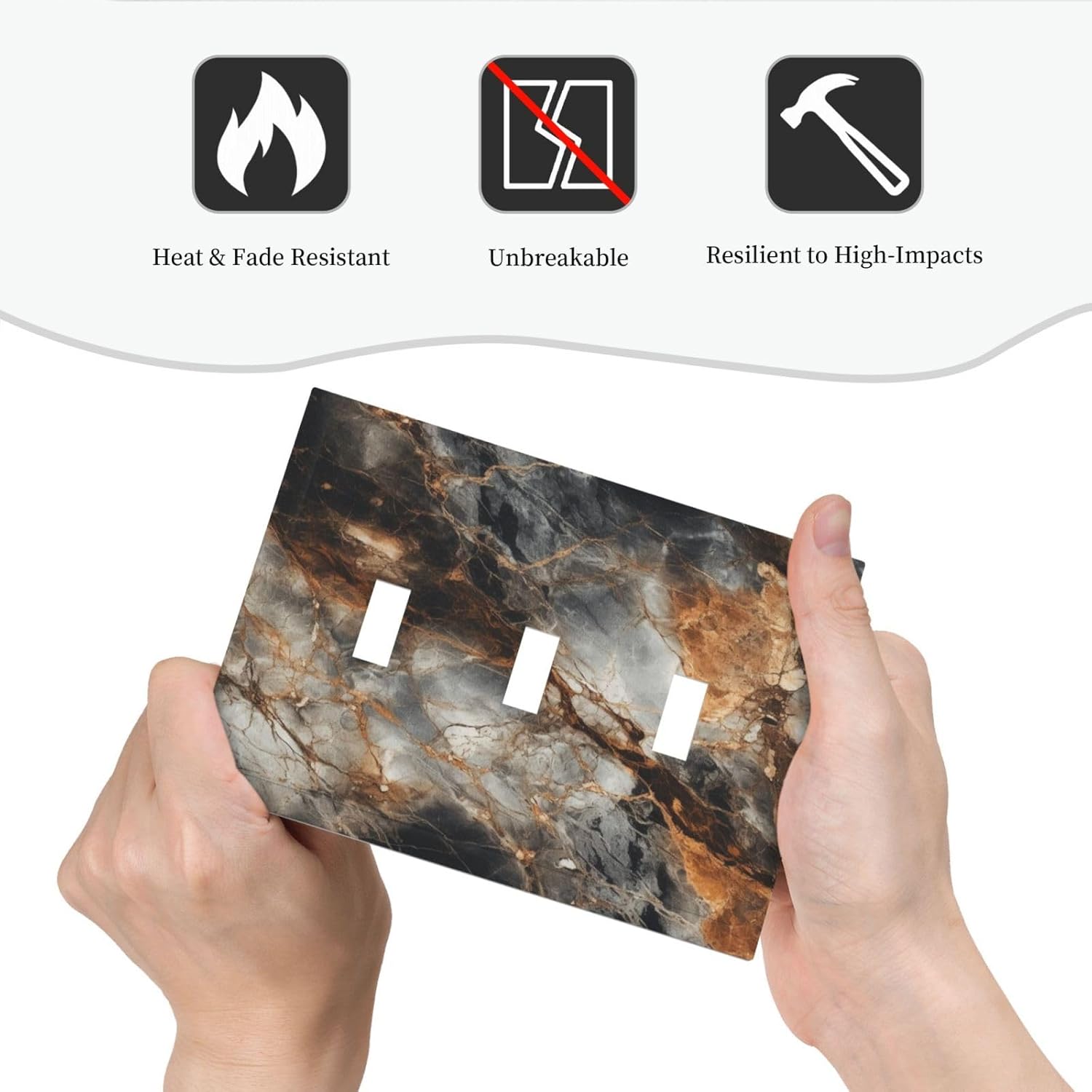 Brown Marble Granite Golden Lines Print Decorative Switch Plates 3 Gang Wall Plate Triple Toggle Light Switch Cover Faceplate Electrical Wall Panels for Bathroom Kitchen Decor