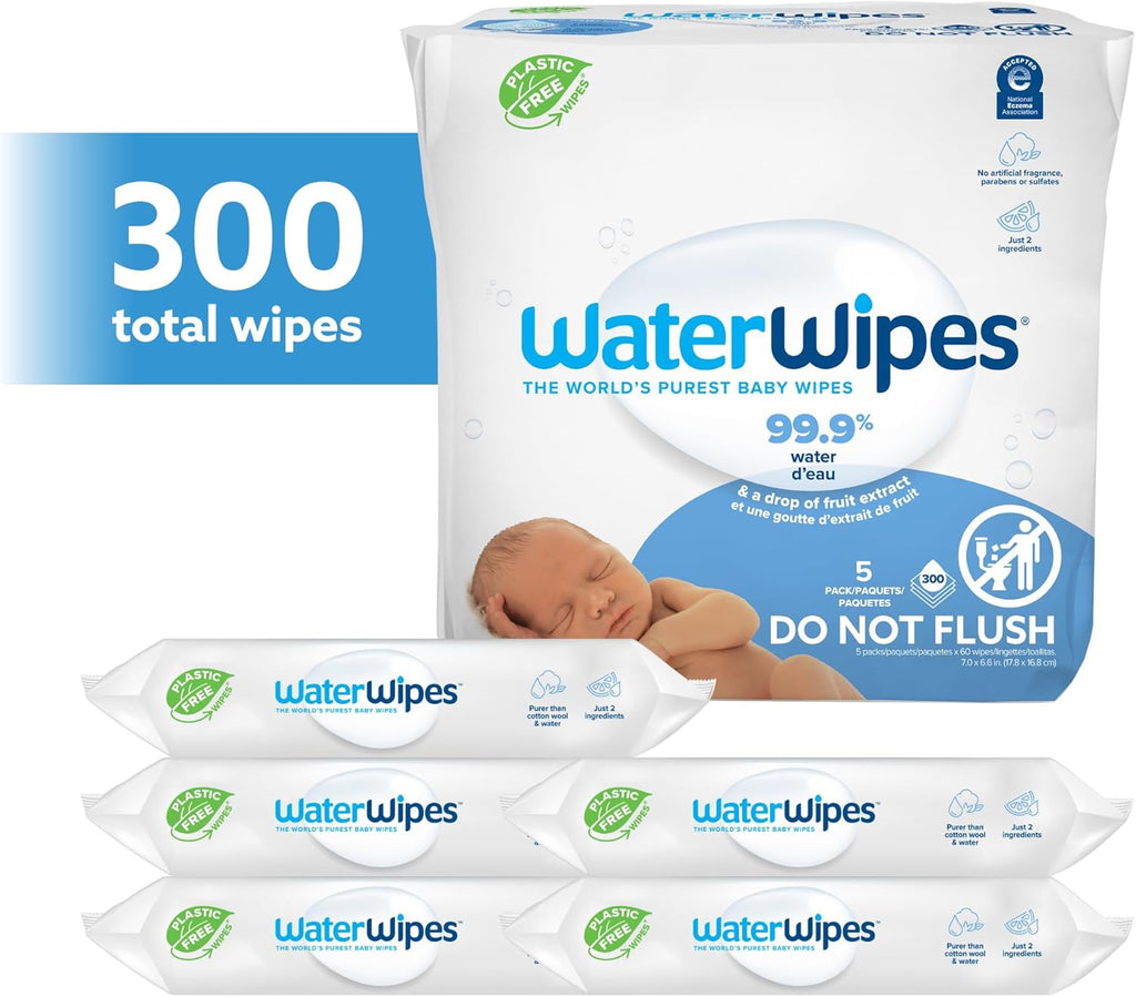 WaterWipes Sensitive+ Newborn & Baby Wipes, 3-In-1 Cleans, Cares, Protects, 99.9% Water, Unscented & Hypoallergenic, 300 Count (5 Packs)