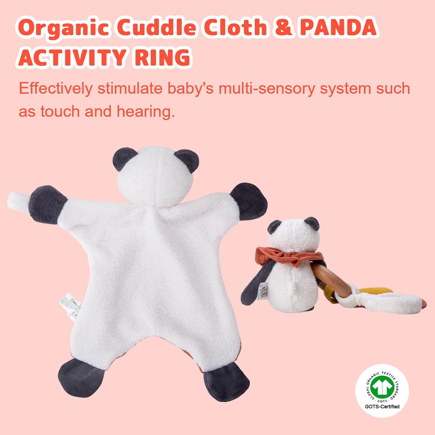 Organic Cotton Stuffed Animal Rattle Baby Toys, Organic Panda Cuddle Cloth & Organic Panda Activity Ring Plush Toy Set for Newborns Infant Boys Girls, 2 PCS