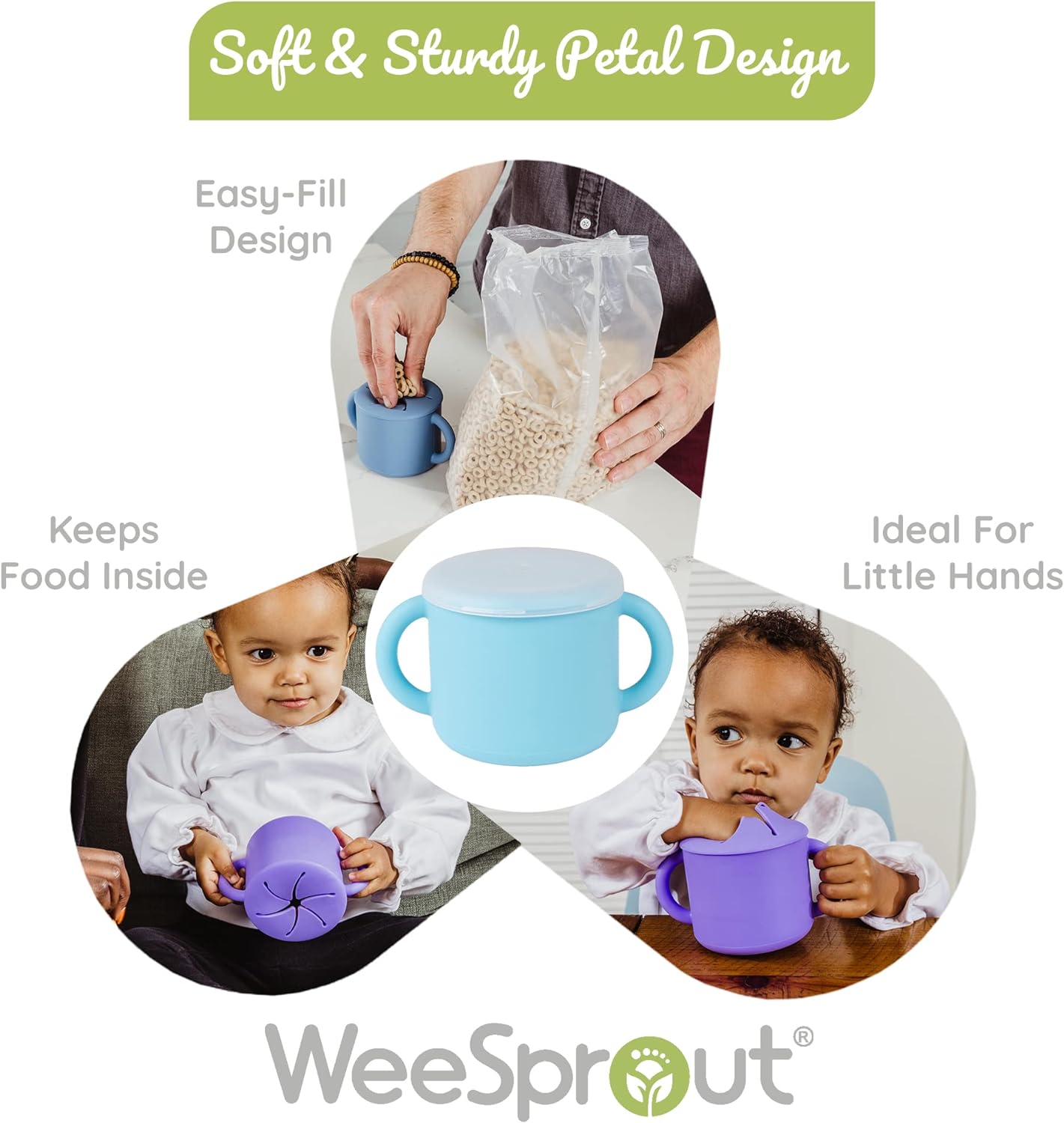 WeeSprout Snack Containers, Food Grade Silicone Snack Cups, Spill-Proof Tops For Toddlers and Babies, Premium Hard Plastic Travel Lids, Dishwasher Safe Toddler and Baby Cups,