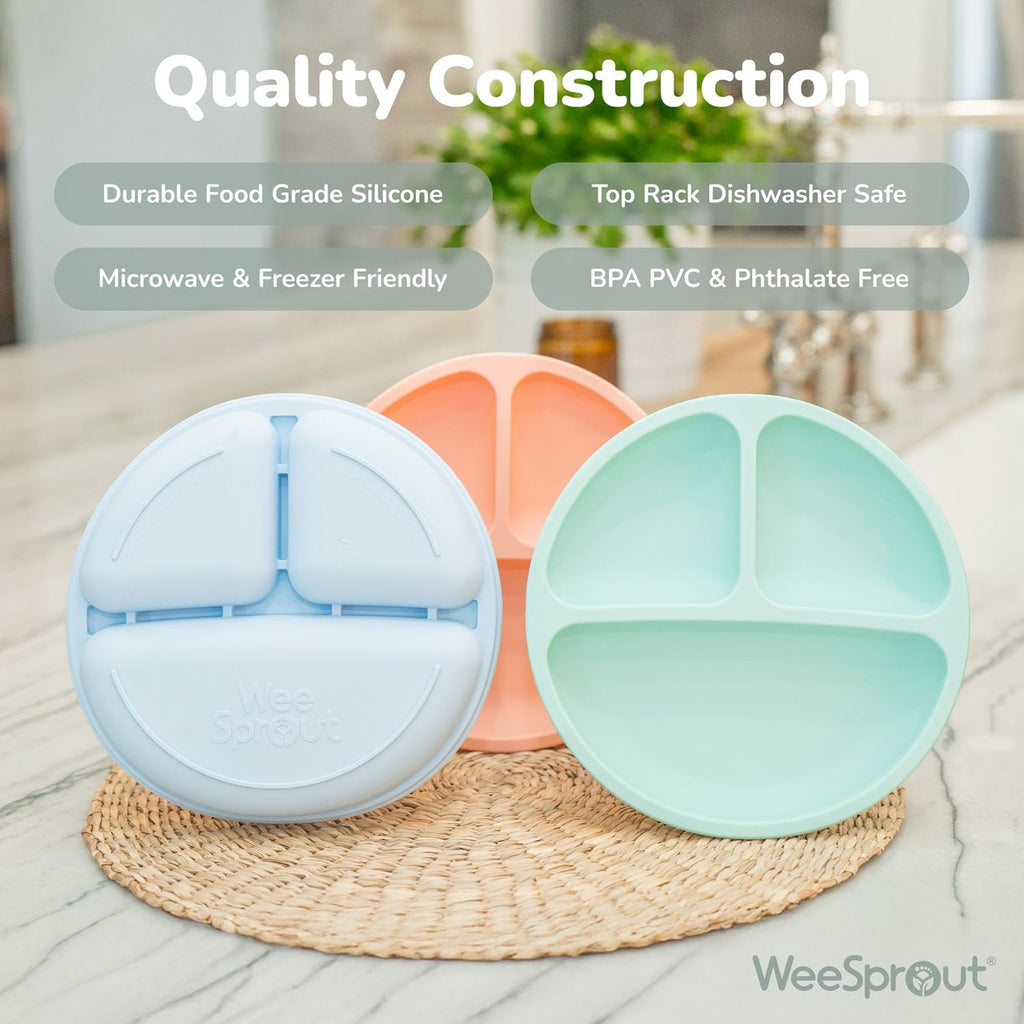 WeeSprout Silicone Plates for Babies & Toddlers (3 Pack) 100% Food-Grade Dishes for Self Feeding, Divided Design & Raised Edges for Picky Eaters, Dishwasher & Microwave Safe Weaning Supplies