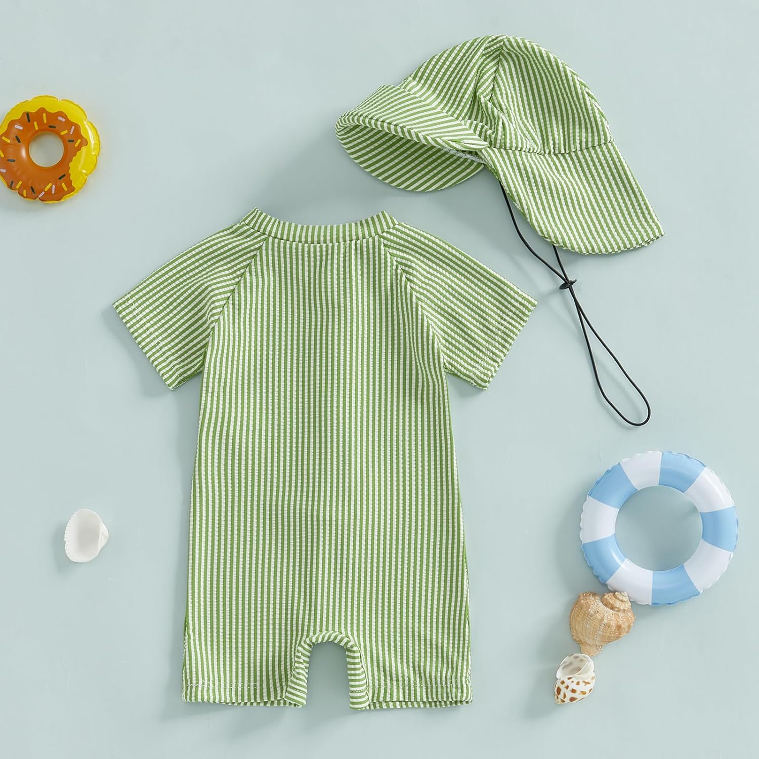 Toddler Baby Boys Seersucker Short Sleeve One Piece Rash Guard Swimsuit Zipper Bathing Suit Swimwear with Hat