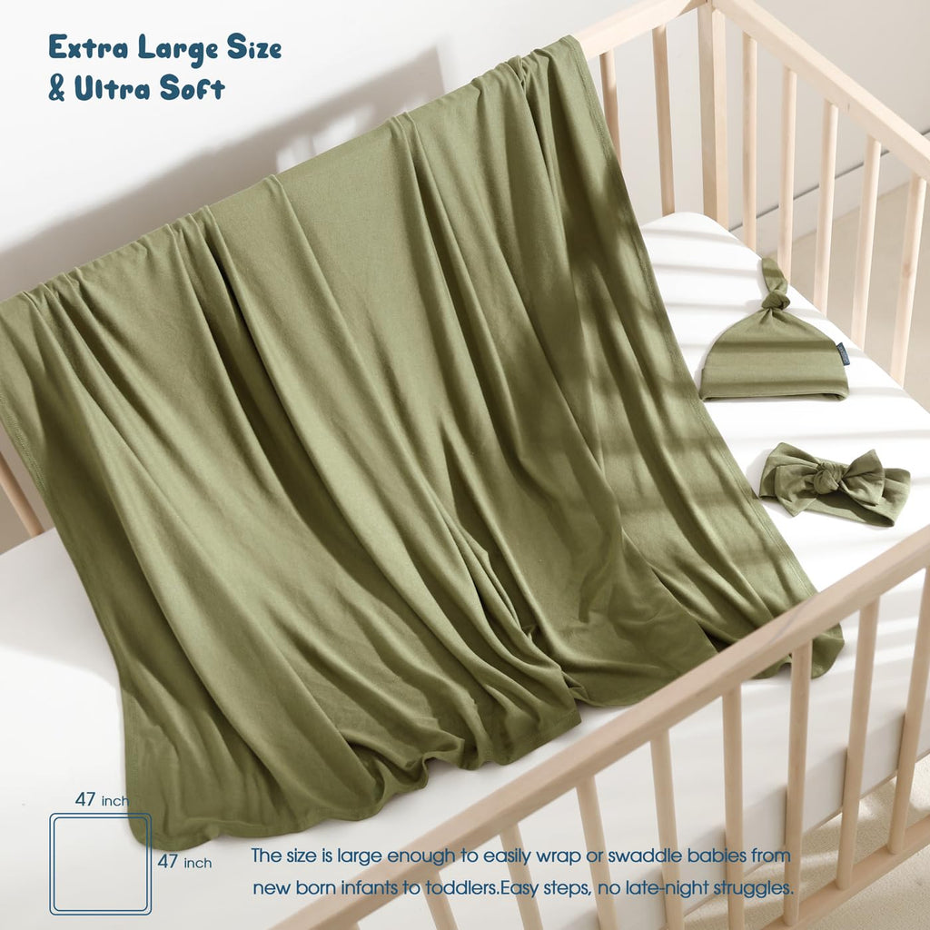 GRSSDER Newborn Swaddle Blanket, Ultra Soft Jersey Receiving Blanket with Matching Headband and Beanie Set, 47×47" Extra Large Nursery Swaddle Wrap for Girls and Boys