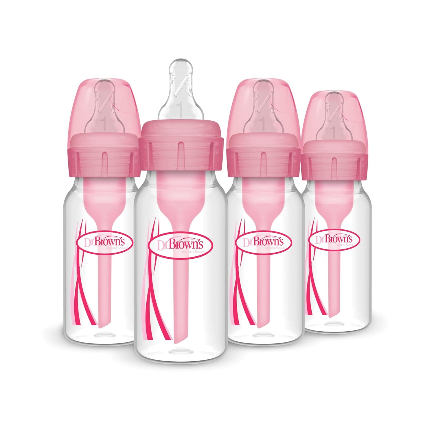 Dr. Brown's Natural Flow Anti-Colic Options+ Narrow Baby Bottle, 4 oz/120 mL, with Level 1 Slow Flow Nipple, Pink, 0m+, 4 Pack