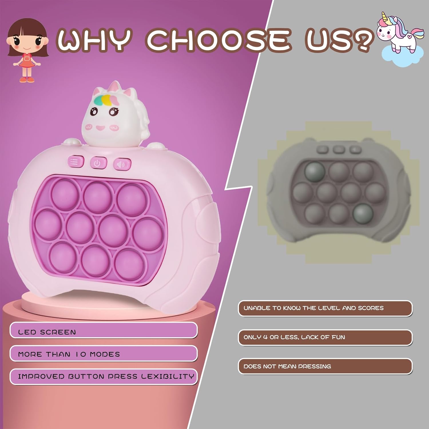 Fast Push Game Pop Fidget Toys for Kids, Fast Push Bubble Game, Quick Push Pop Game for Boys & Girls Age 3-12, Handheld Puzzle Game Sensory Toys Relaxation and Decompression (Pink Unicorn)