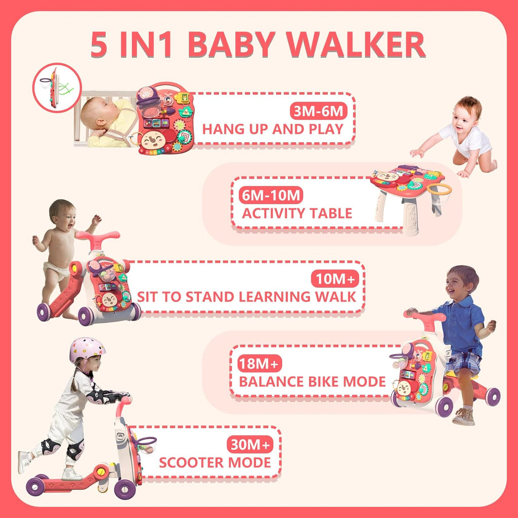 QDRAGON 5 in 1 Walker for Baby Girl, Baby Push Walkers, Assemble as Scooter/Motorbike/Activity Center/Detachable Panel, Walking Toys for Infants 6-12 Months, Red