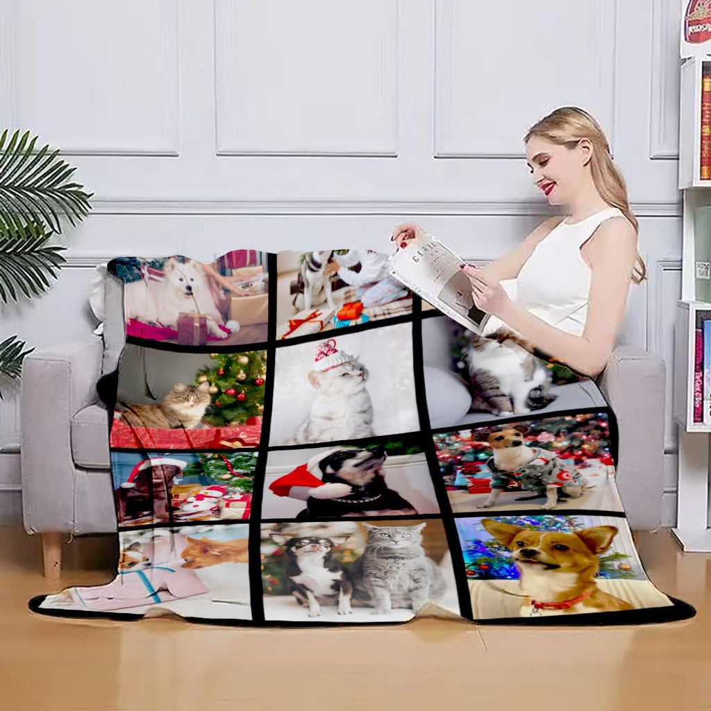 Custom Blankets with 12 Photos, Personalised Gifts for Mom Dad Girlfriend Boyfriend on Christmas, Customized Blanket for Couples