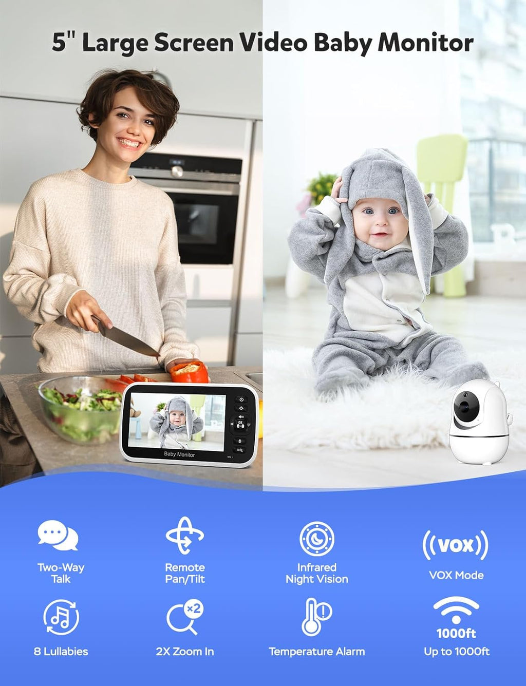 GoodBaby Baby Monitor with Camera and Audio - No WiFi, Remote Pan-Tilt-Zoom, Night Vision, Temperature Sensor, 2-Way Talk, 8 Lullabies, 30-Hour Battery Life，960ft Long Range