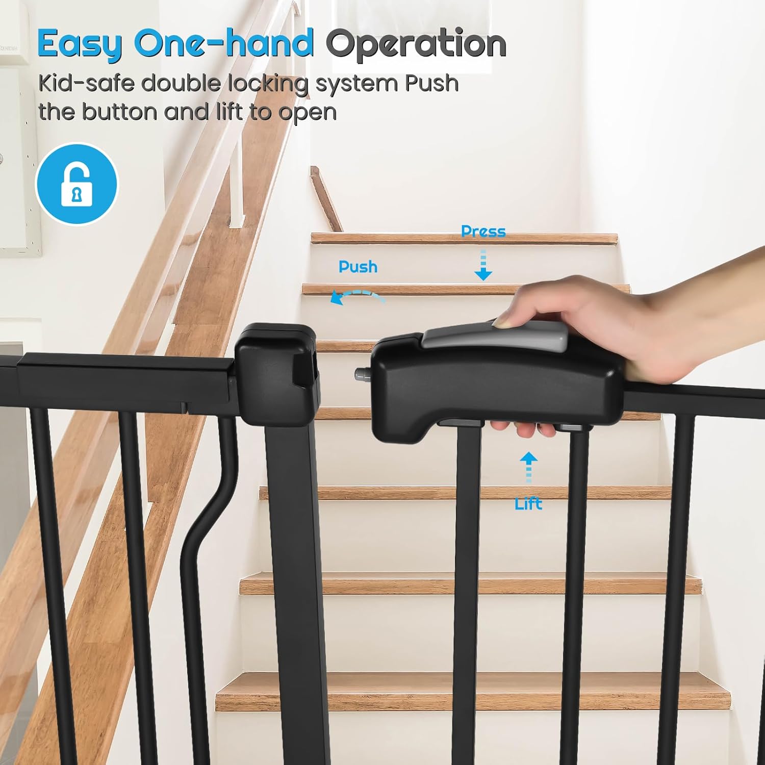 Extra Wide Baby Gate for Stairs Doorways with door, 30" Tall 66.5-75.8" Wide Easy Install Dog Gate indoor, Safety Metal Pressure Mounted Pet Gate with Walk-Thru Auto Close for the House, Black
