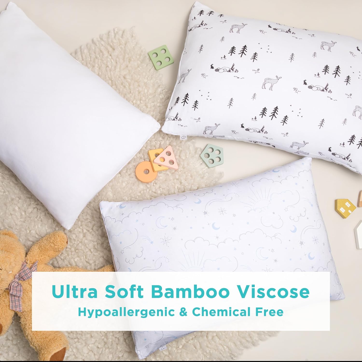 LittleHippo Toddler Pillow with Viscose Derived from Bamboo Pillowcase - 13x18 Hypoallergenic Toddler Pillow for Sleeping, Kids, Travel, Mini, Bed, Bedroom, Car, Playroom, and Nursery (Celestial)