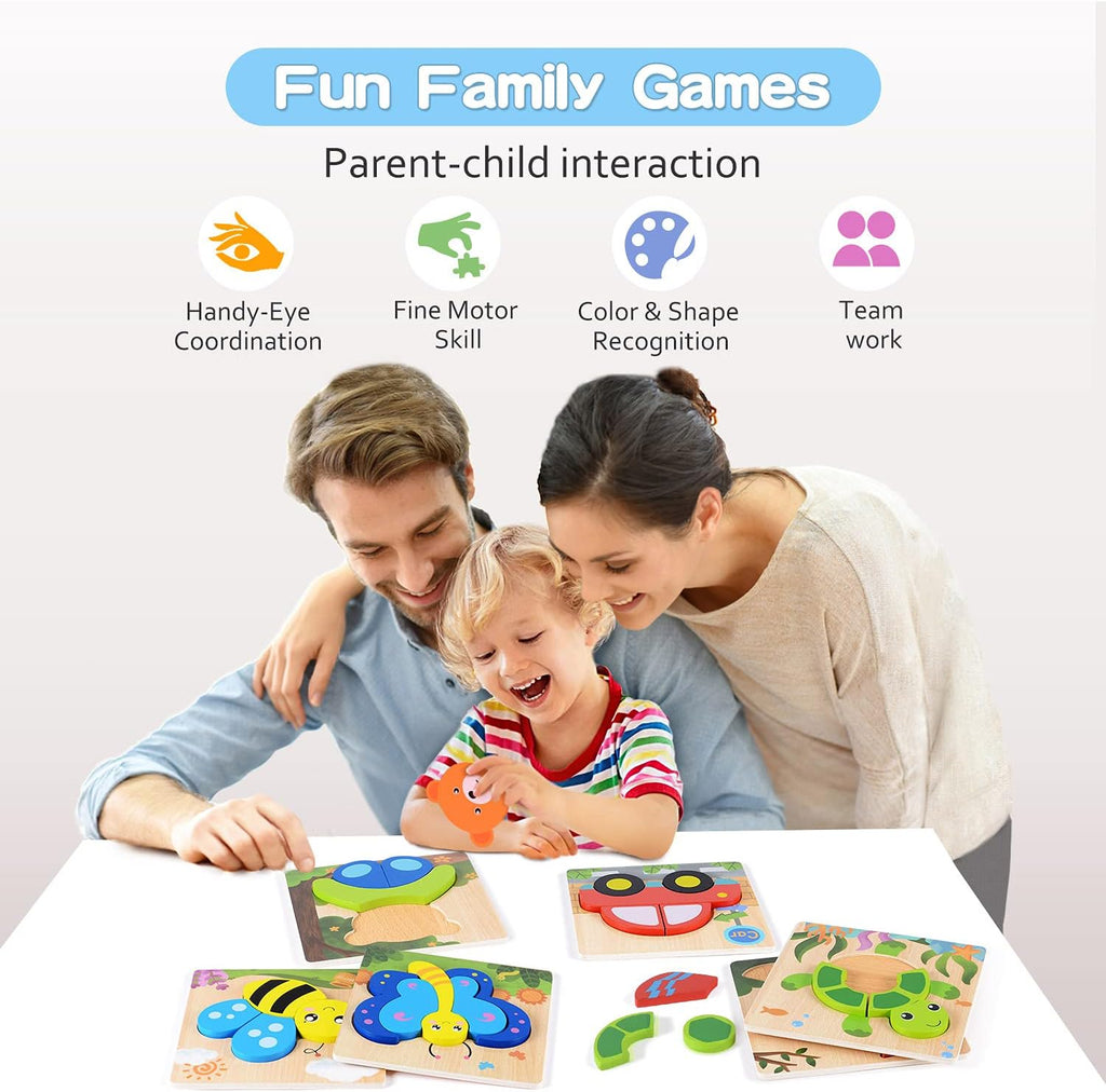 MAGIFIRE Wooden Puzzles for Toddlers 1-3 - 6-Pack Multicolor Animal & Car Puzzles - Toddler Montessori Style Toys