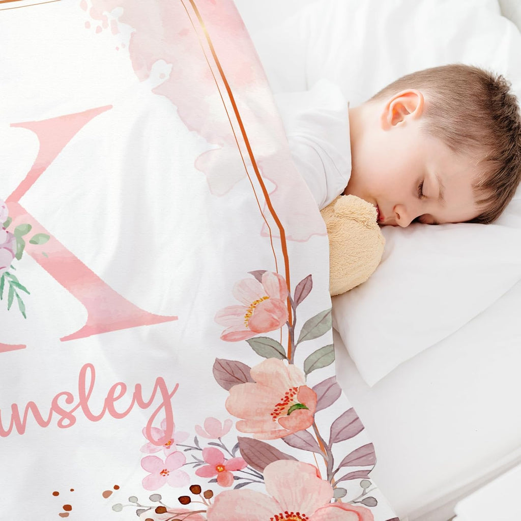 Personalized Baby Blanket with Name, Custom Floral Name Blanket Toddler Girls Soft Flannne Receiving Blankets Customized Memorial Gift for Infant Newborn Shower
