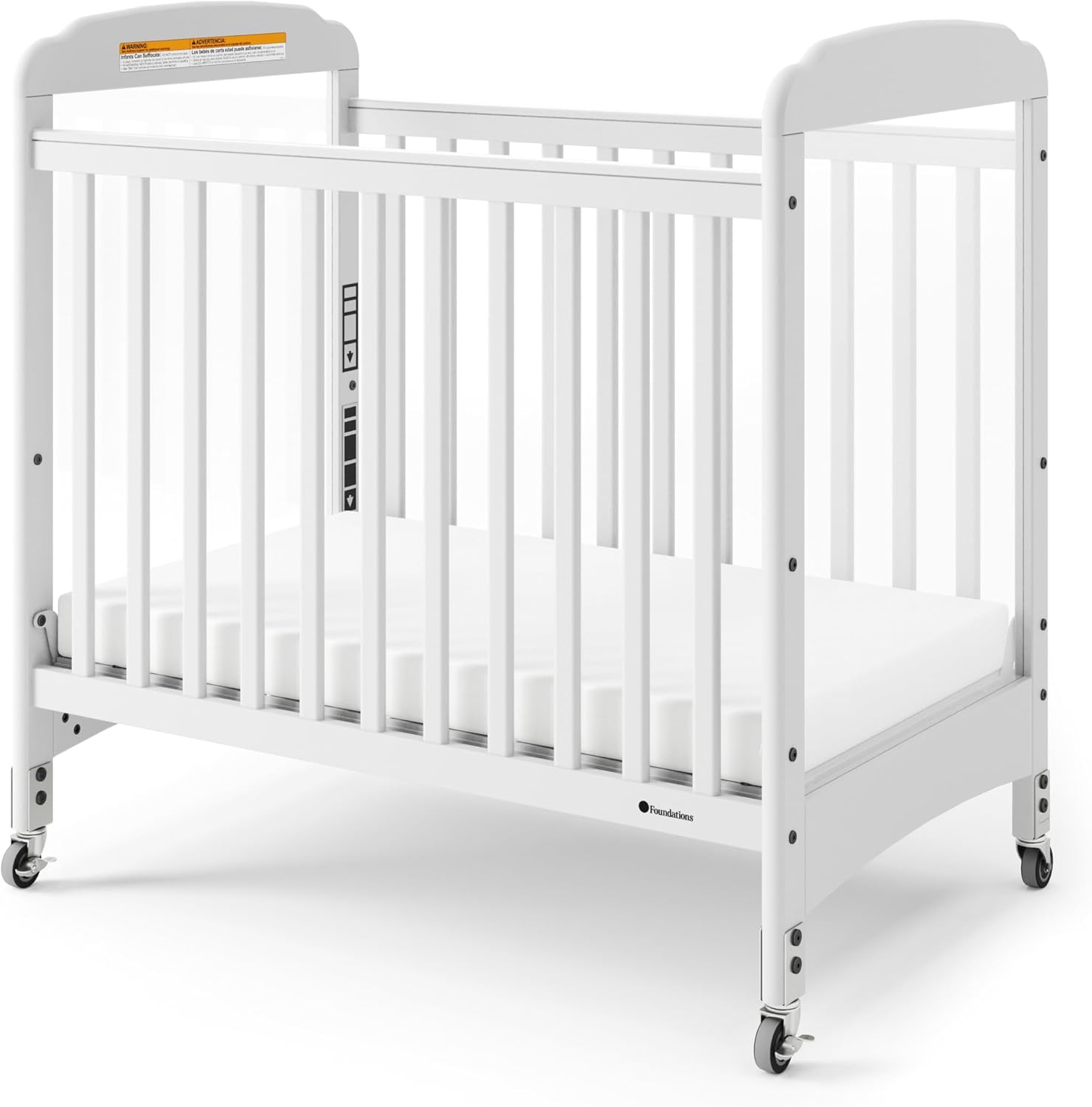 Foundations Serenity Compact Clearview Daycare Crib, Fixed Side, Durable Wood Construction, Non-Marking Casters (2 Locking), Clear End Panels, Includes 3” InfaPure Foam Mattress (White)