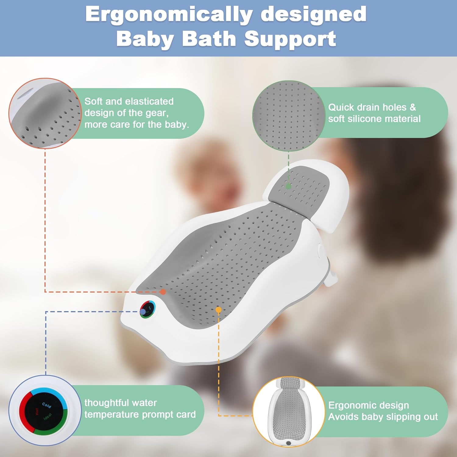 Baby Bath Support,Ideal for Babies Less Than 6 Months Old,with Thermometer-Adjustable Slope Newborn Bathtub, Baby tubs for Baby tubs for Newborn Essentials Must Haves (Gray)