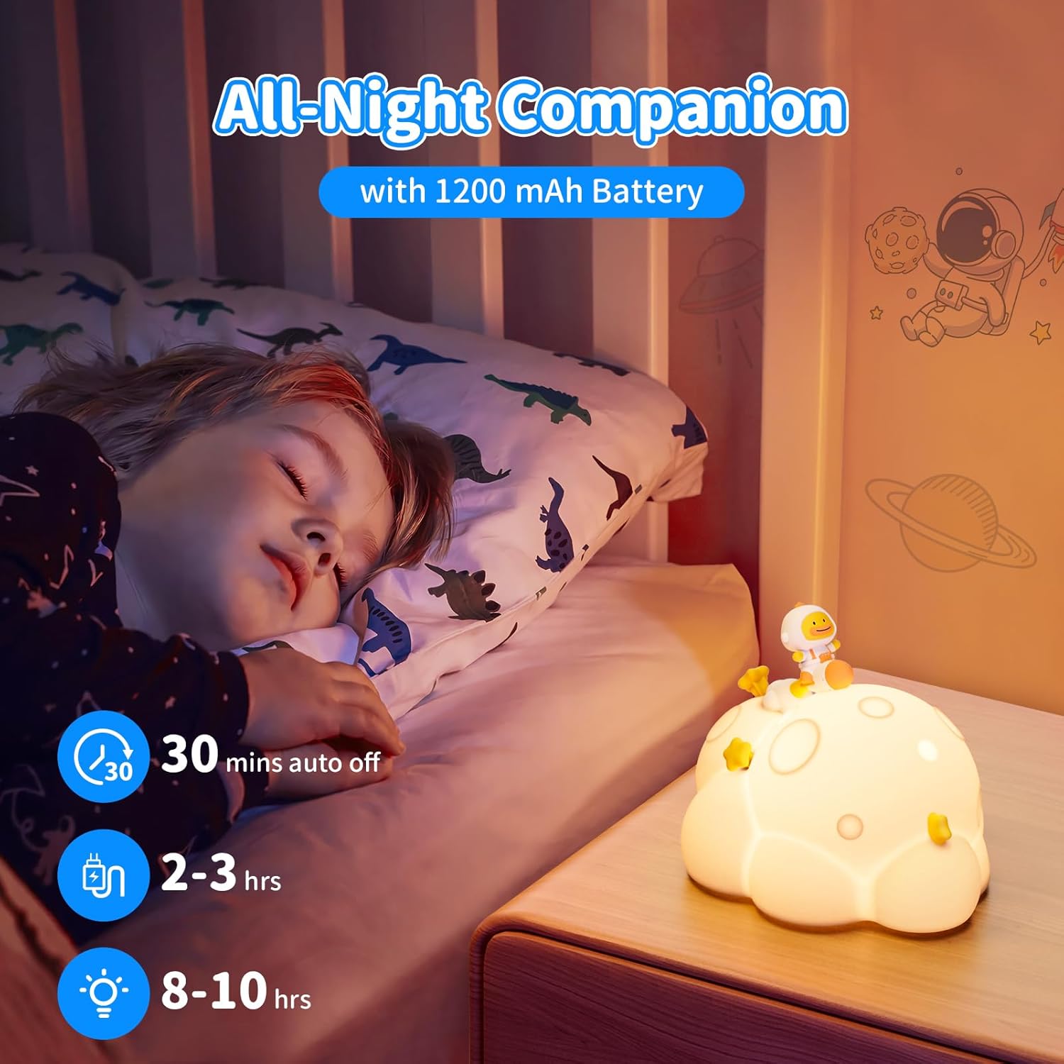 Planet Night Light for Kids, 3 Lightness Auto-Off LED Rechargeable Silicone Squishy Tap Control Beside Lamp, Nursery Night Light for Baby,Gift for Child,Boys and Girls