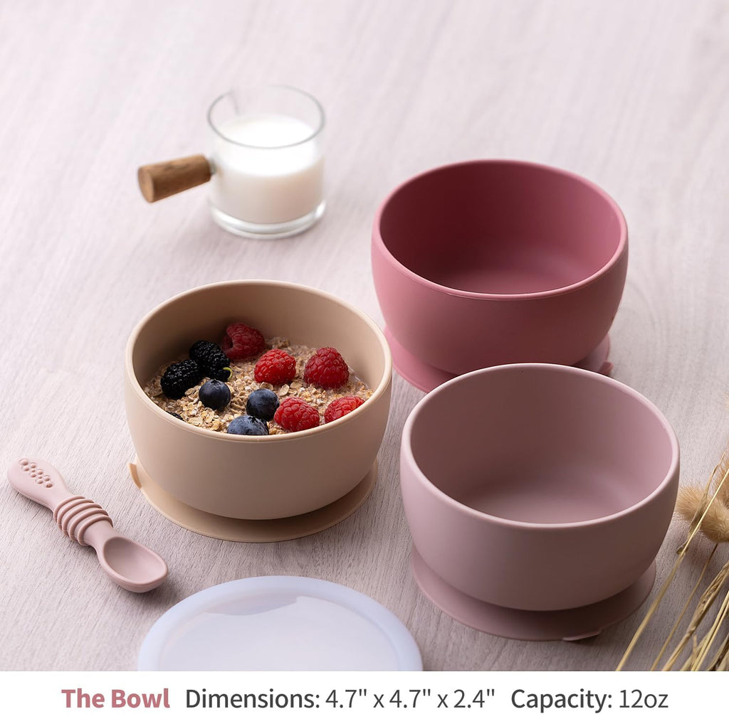 SAMiGO Silicone Baby Bowl and Spoon Set with Suction and Lid, First Stage Self Feeding Essentials, Food Bowl for 6+ Months