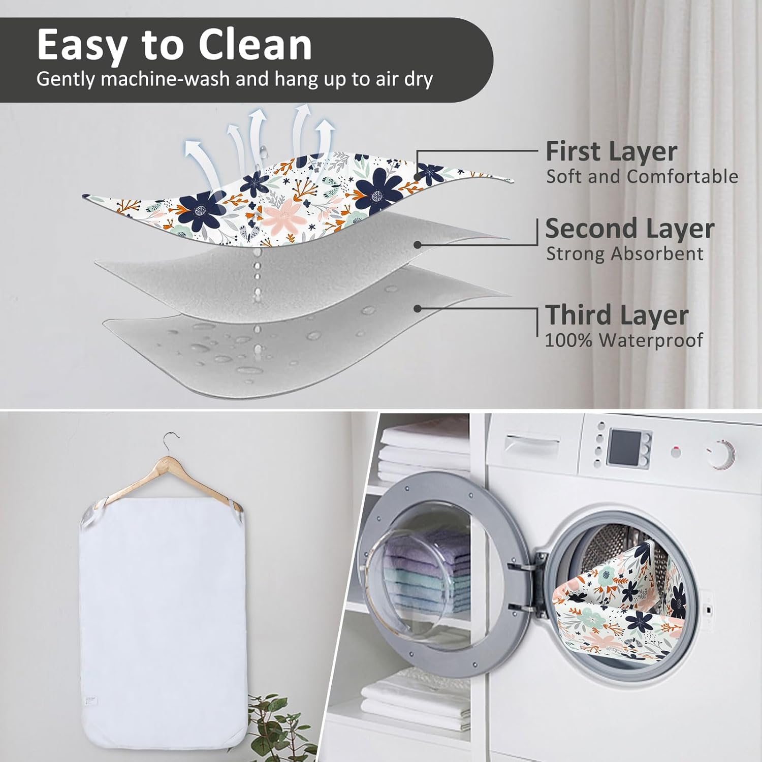 Baby Diaper Changing Pad, 21 5/8" x 31.5" Waterproof Changing Pad Liners - Reusable Soft and Absorbent Portable Changing Mat(Floral1PCS)