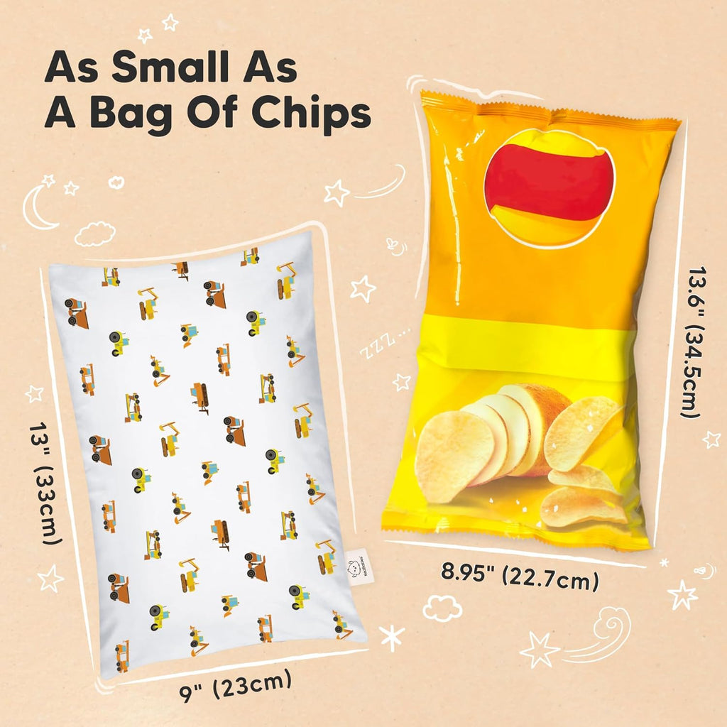 Mini Toddler Pillow with Pillowcase - 9x13 My Little Dreamy Travel Kids Pillow for Sleeping, Toddler Bed, Small, Tiny, Organic Cotton Pillowcase, Soft & Breathable, Kids 2-4 Years Old (Construction)