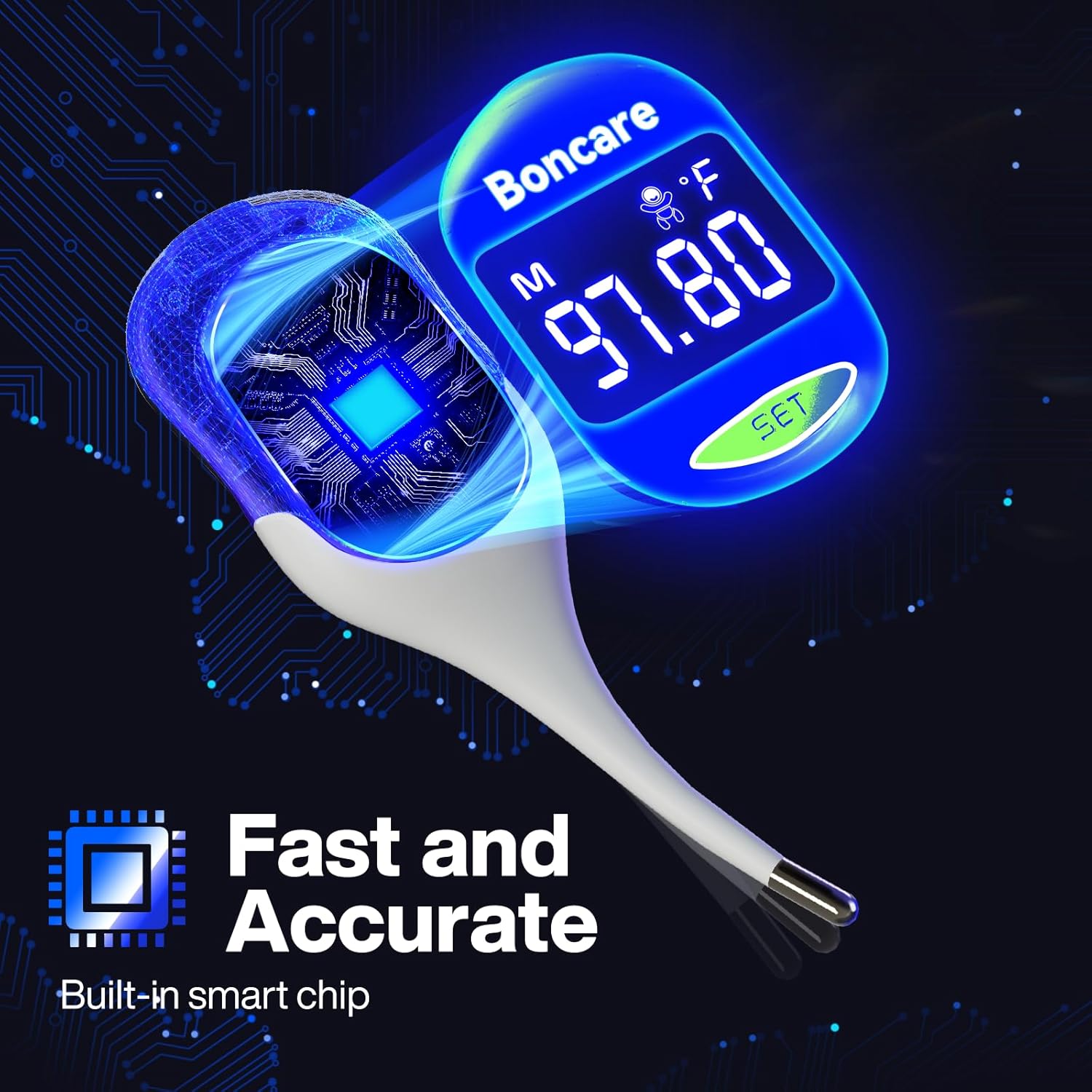 Boncare 9 Seconds Digital Basal Thermometer - Accurate Oral & Rectal Thermometer for Adults & Kids, Fever Alarm, Large Display (Blue)