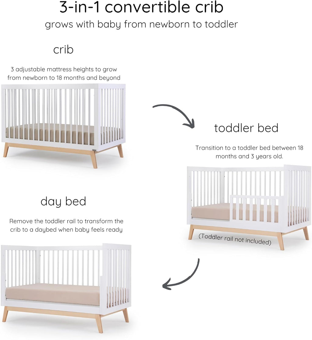 dadada Baby Soho 3-in-1 Convertible Wooden Crib to Toddler Bed - Made in Italy, GREENGUARD Gold Certified, Baby-Safe Finish, Sustainable Beech Wood, Modern Design, 3 Adjustable Heights (White/Natural)
