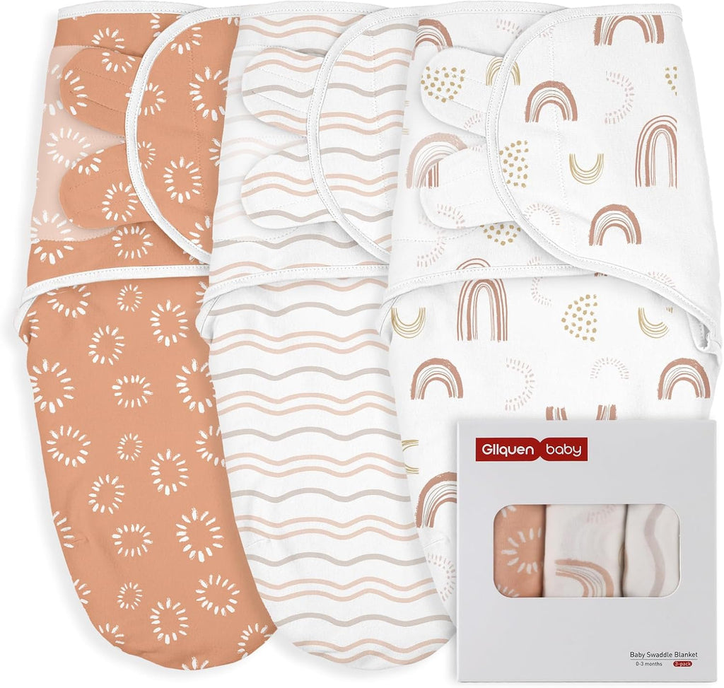 GLLQUEN BABY Swaddles for Newborn - 3 Pack Swaddle 0-3 Months, for Newborn Baby Boys and Girls, Soft Swaddle Blanket Wrap, Easy Change, Rainbow & Wave
