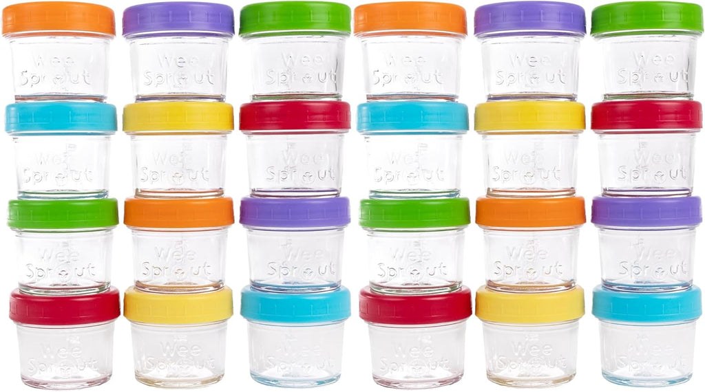 WeeSprout Baby Food Storage Glass Jars w/Lids (4 oz, 24 Pack) Bright Variety, Snack, Reusable Small Containers, Fridge or Freezer, Microwave & Dishwasher Safe, Essentials for Infants
