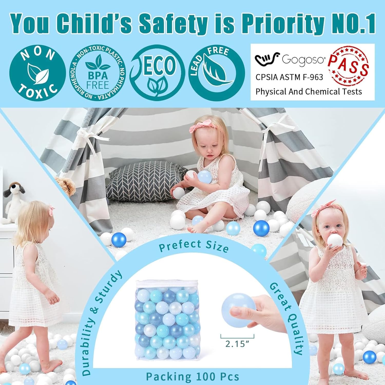 GOGOSO Ball Pits Balls for Toddlers Pack of 50 100 200 Plastics Shape Ball Non-Phthalate Non-BPA Non-Toxic 2.2-Inch Crush Proof Play Balls