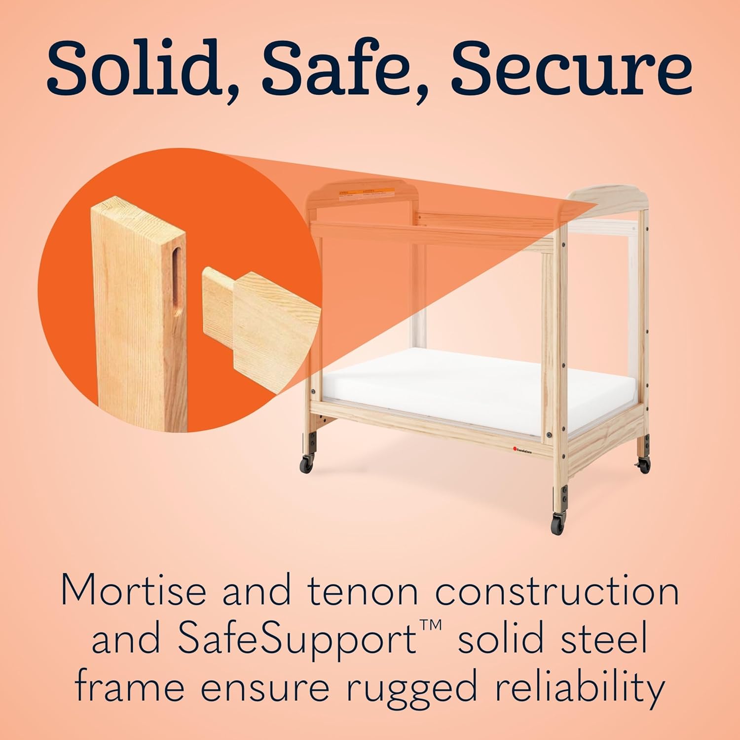 Foundations Serenity Compact Clearview Daycare Crib, Fixed Side, Durable Wood Construction, Non-Marking Casters (2 Locking), Includes 3” InfaPure Foam Mattress (Natural)