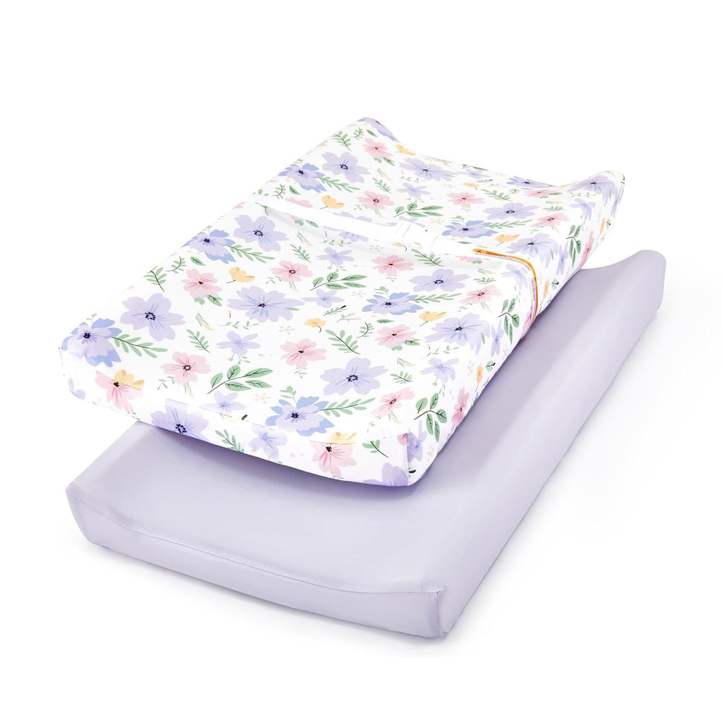 TILLYOU Changing Pad Cover Set in Soft Jersey Material - Fits 32"/34''x16 Contoured Pad for Babies, Brilliant Little Flowers and Purple