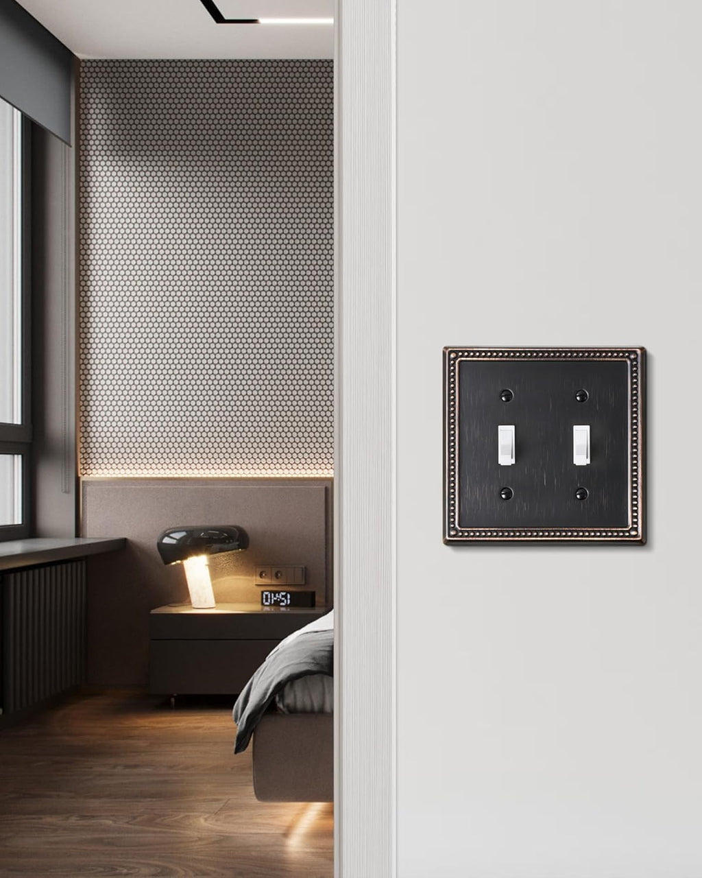 2-Pack Double Toggle Light Switch Cover Plate, Pearls Decorative Dual Switch Plate Covers, Aged Bronze 2 Gang Metal Wall Plate, Corrosion Resistant