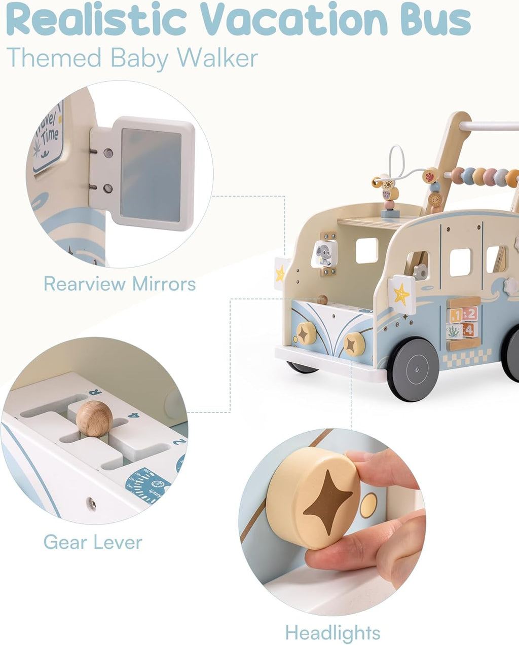 ROBOTIME Wooden Baby Walker, Baby Push Walker, Baby Activity Center Toys, Ajustable Speed Multi-Functional Baby Walker with Wheels for Boys and Girls(Vacation Bus)