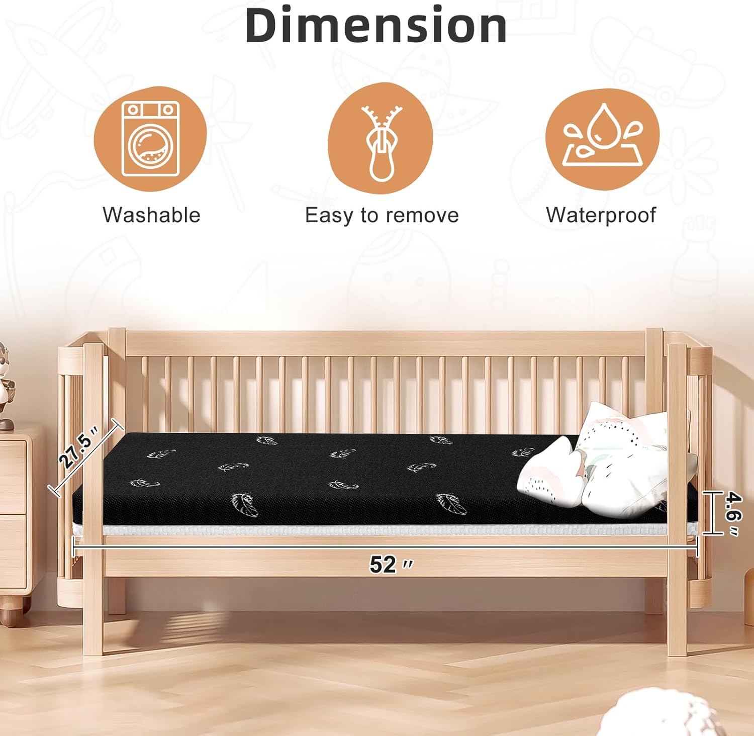 Crib Mattress, 52 x 27 Dual-Sided Comfort Baby and Toddler Mattress with Memory Foam, Waterproof, Breathable & Removable Cover with One of Side Cooling Fibers Specially Designed for Summer