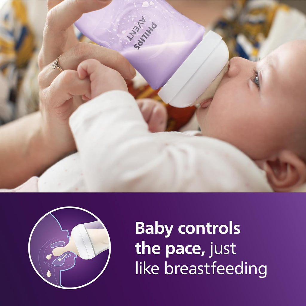 Philips Avent Natural Baby Bottles with Natural Response Nipples (Medium Flow, Flow 3), 9oz, Purple, 4-Pack, SCY903/34