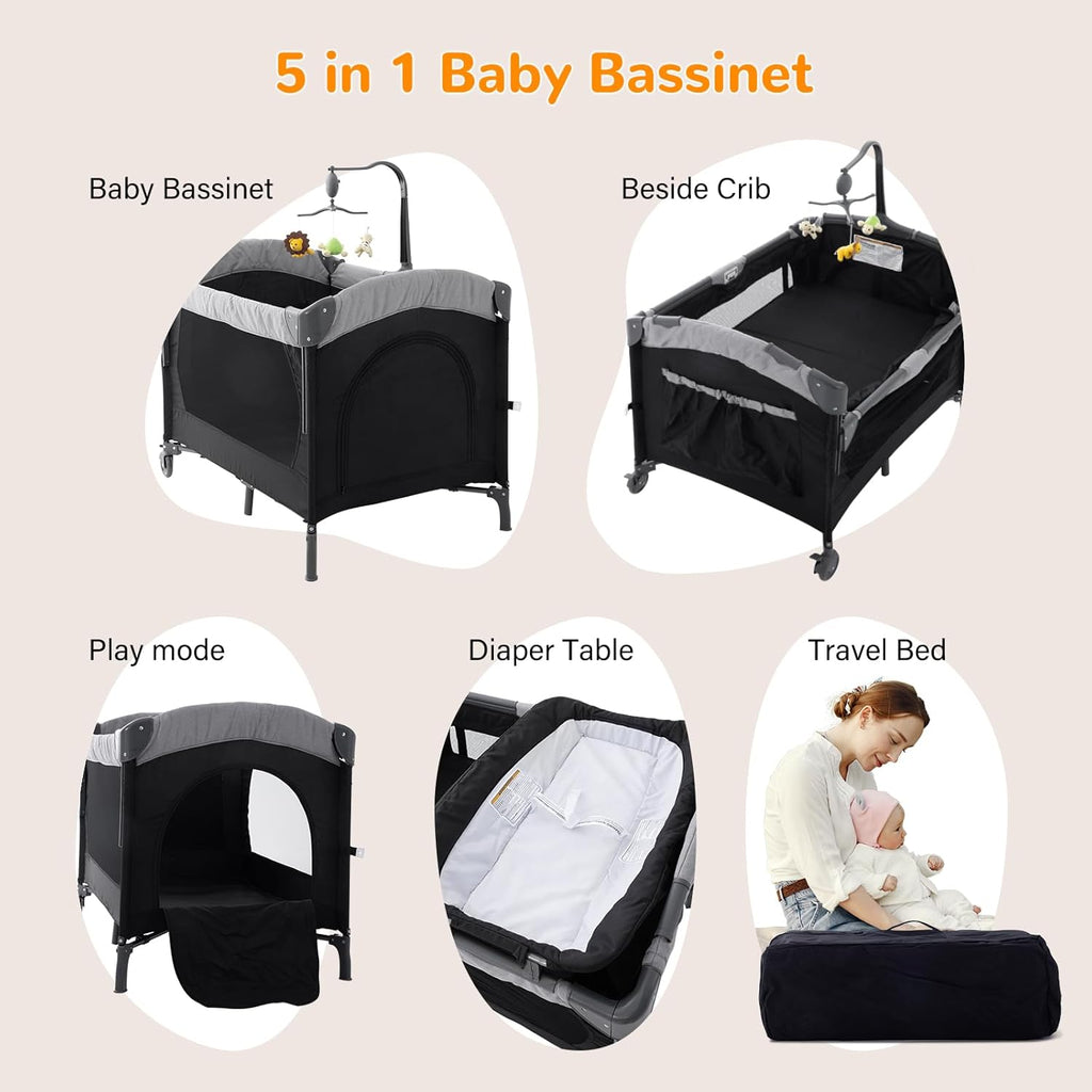 5 in 1 Baby Crib,Bedside Sleeper Bassinet,Pack and Play with Bassinet and Changing Table,Portable Travel Playpen Music Box,Portable Travel Crib for Infant Newborn (Black Gray)