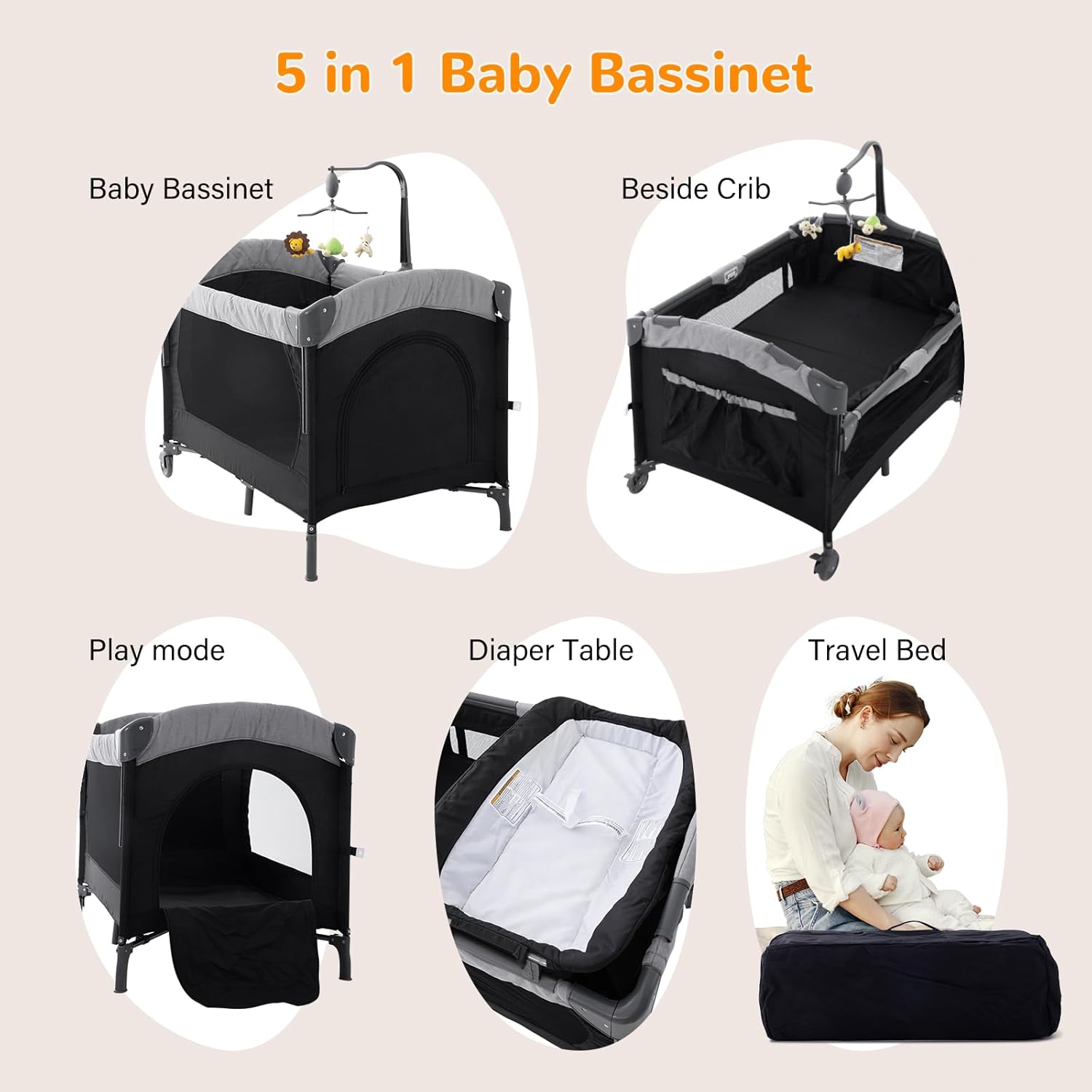 5 in 1 Baby Crib,Bedside Sleeper Bassinet,Pack and Play with Bassinet and Changing Table,Portable Travel Playpen Music Box,Portable Travel Crib for Infant Newborn (Black Gray)