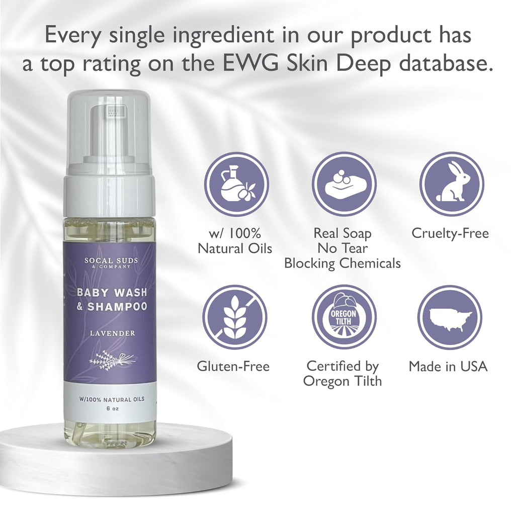 SoCal Suds & Company - Organic Foaming Baby Wash & Shampoo - Gentle Cleansing Newborn Body & Hair Soap for Sensitive Skin - Clean Natural Soothing Ingredients - Lavender, 6oz, 2-Pack