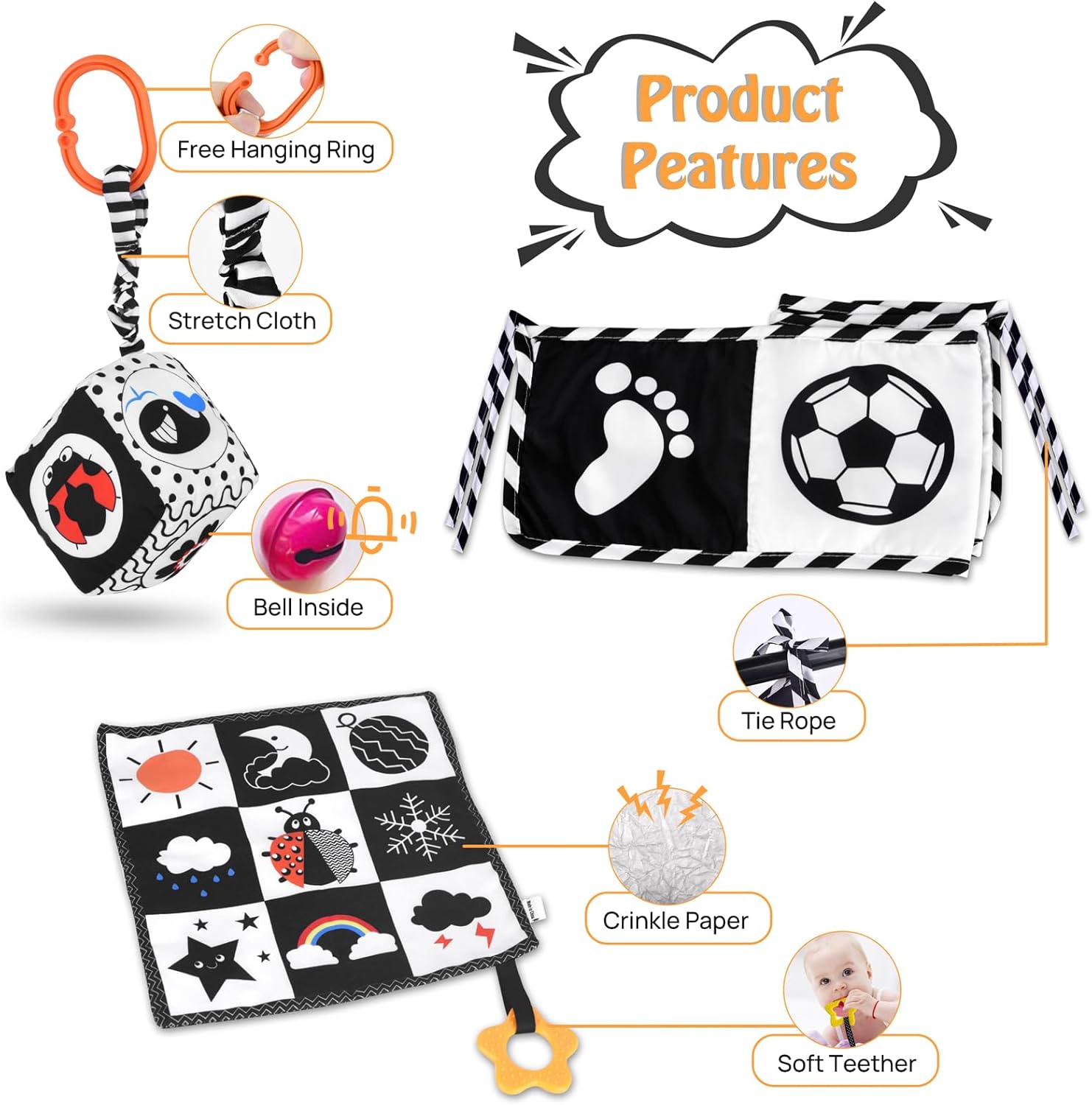 SAMMAS Black and White High Contrast Baby Toys 0-3 Months for Newborn Toys Infant Sensory Soft Book Infant Tummy Time Toys for Brain Development Montessori Learning Activities for Babies(3 Pcs)