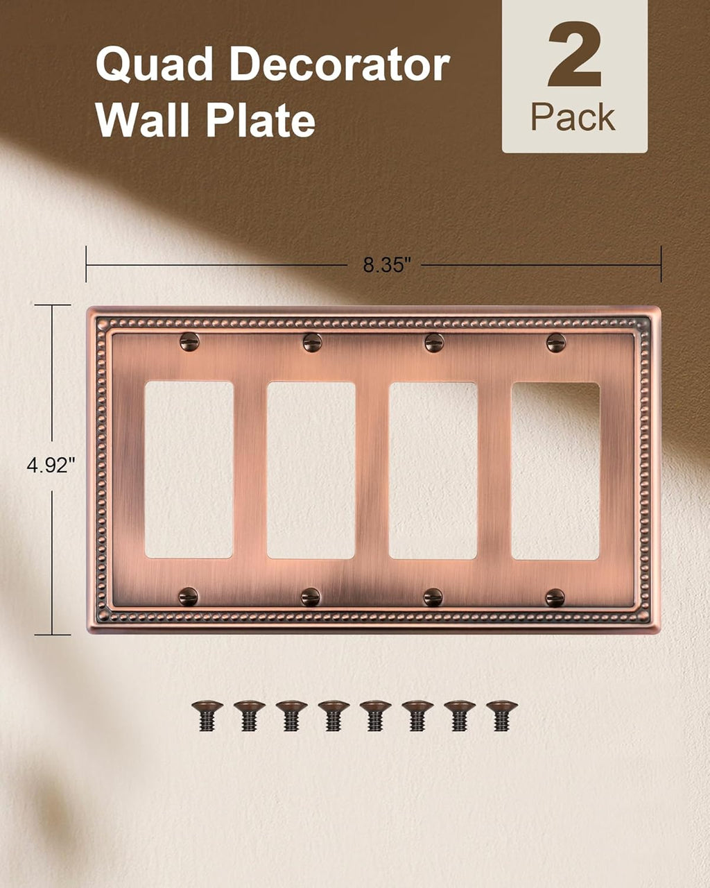 2-Pack Quad Decorator Outlet Cover Plate, Antique Copper Pearls Decorative Switch Plates and Outlet Covers, Metal Wall Plates for Electrical Outlets, Receptacle, GFCI Outlet, Dimmer Switch