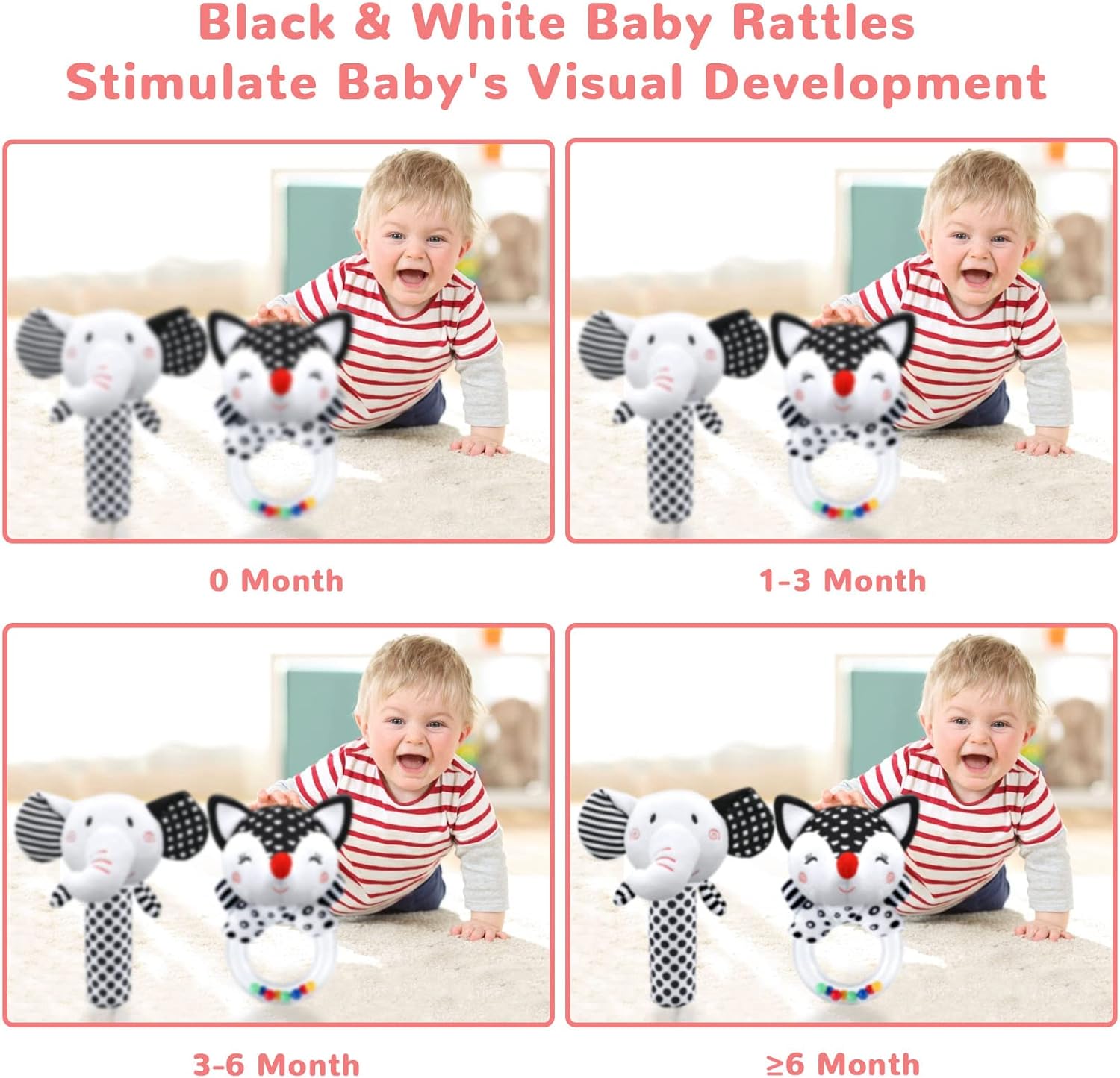 Baby Rattles & Toys - 0-3 Months, High Contrast Black & White Plush Stuffed Toys for Infants