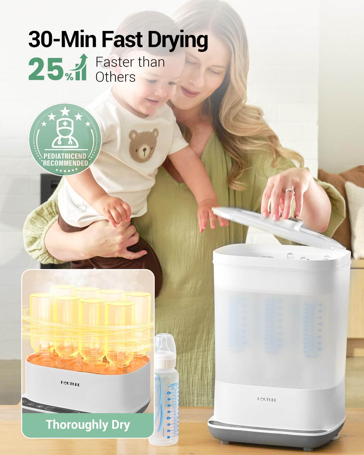 Baby Bottle Sterilizer | Esterilizador de Biberones, 6-in-1 HAUTURE Bottle Sterilizer and Dryer, Electric Steam Bottle Sanitizer for Baby Stuffs, Baby Bottles & Breast Pump Accessories