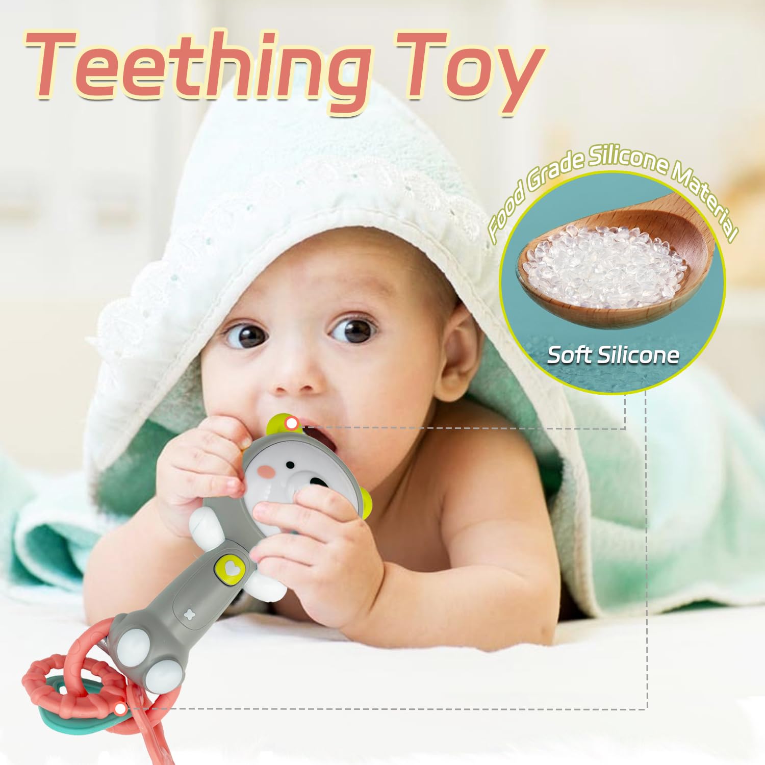 Baby Music Rattle, Teething Toys for Infants 6-12-18 Months Toddlers, Light-Up & Chew Sensory Toys for Baby Boy Girl Gifts (Grizzlies)
