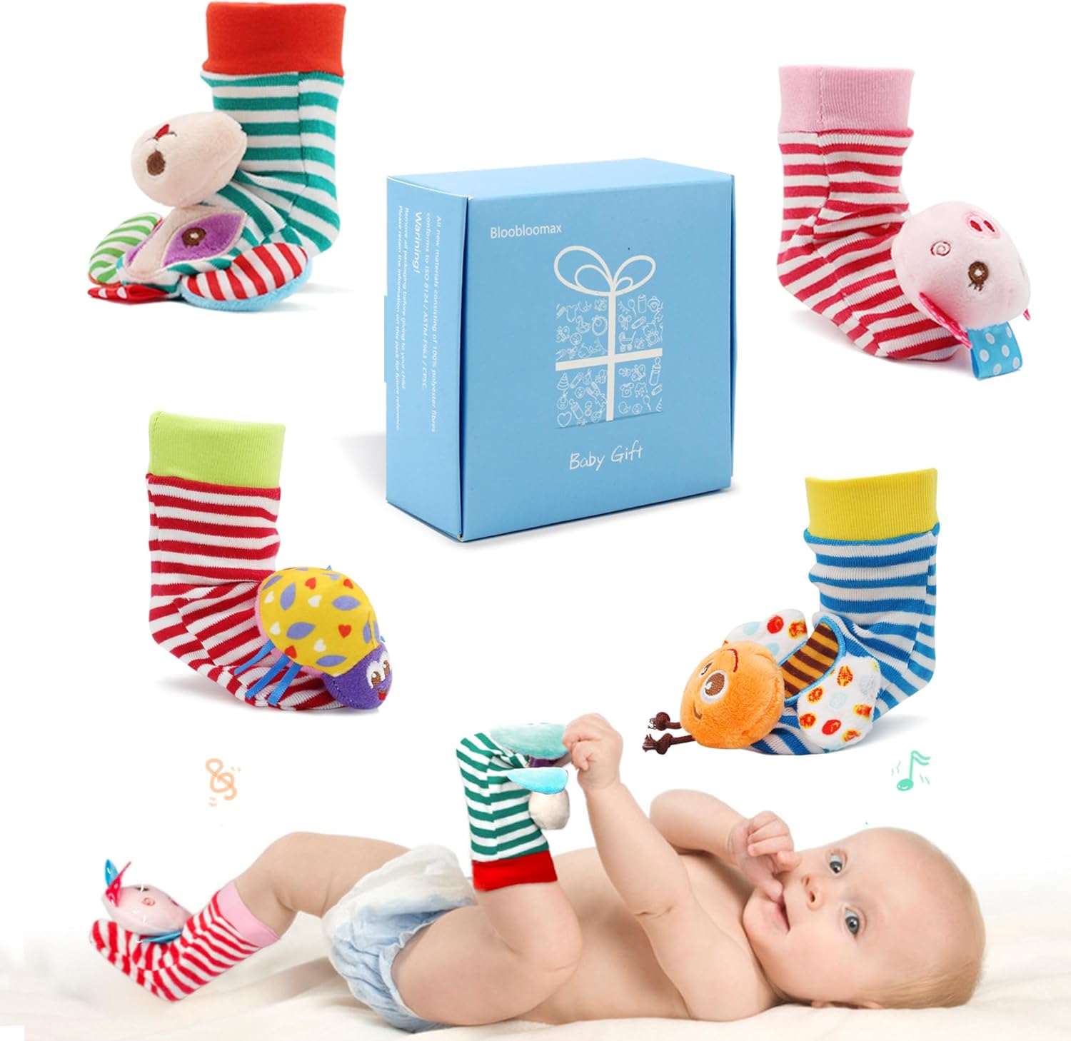 BLOOBLOOMAX Sock rattles for Babies 0-24 Months Baby Animal Foot Finder Educational Toys