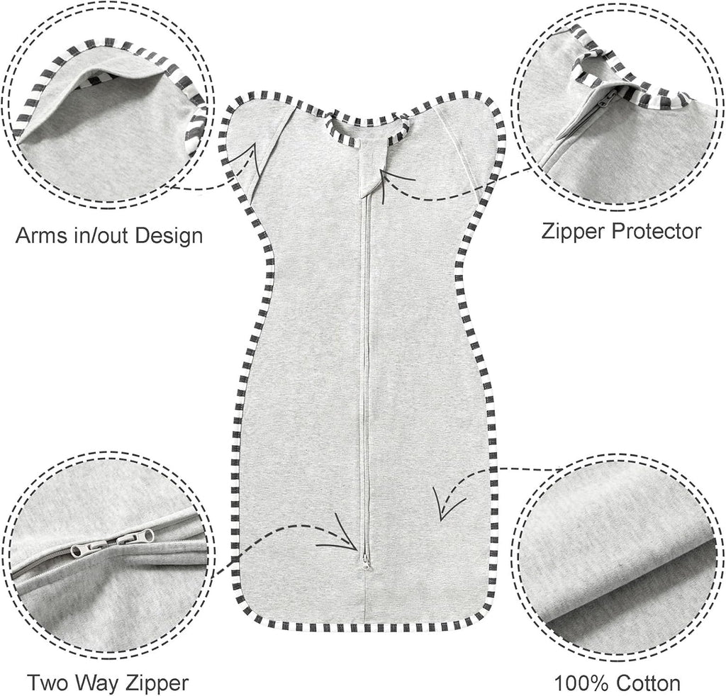 Transition Swaddle, 2 Pack 100% Cotton Baby Sleep Sack, 2-Way Zipper Infant Arm Up Swaddle for Newborn Baby Boys Girls (Light Grey + Estate Blue, L(6-9 Months))