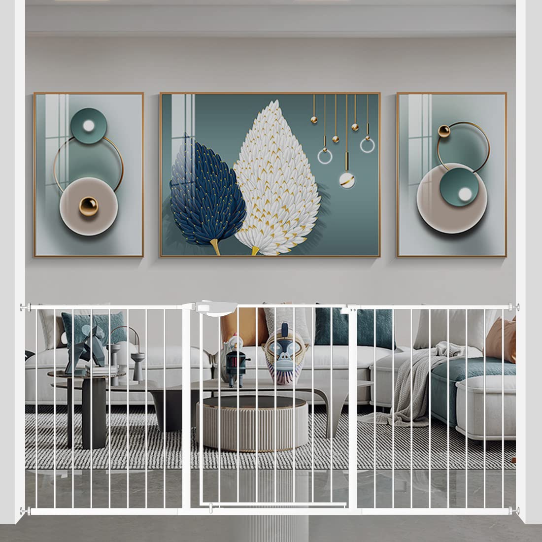 WAOWAO Triple Lock Baby Gate Extra Wide 67.32-72.04" Pressure Mounted Walk Through Swing Auto Close Safety White Metal Dog Pet Puppy Cat for Stairs,Doorways,Kitchen